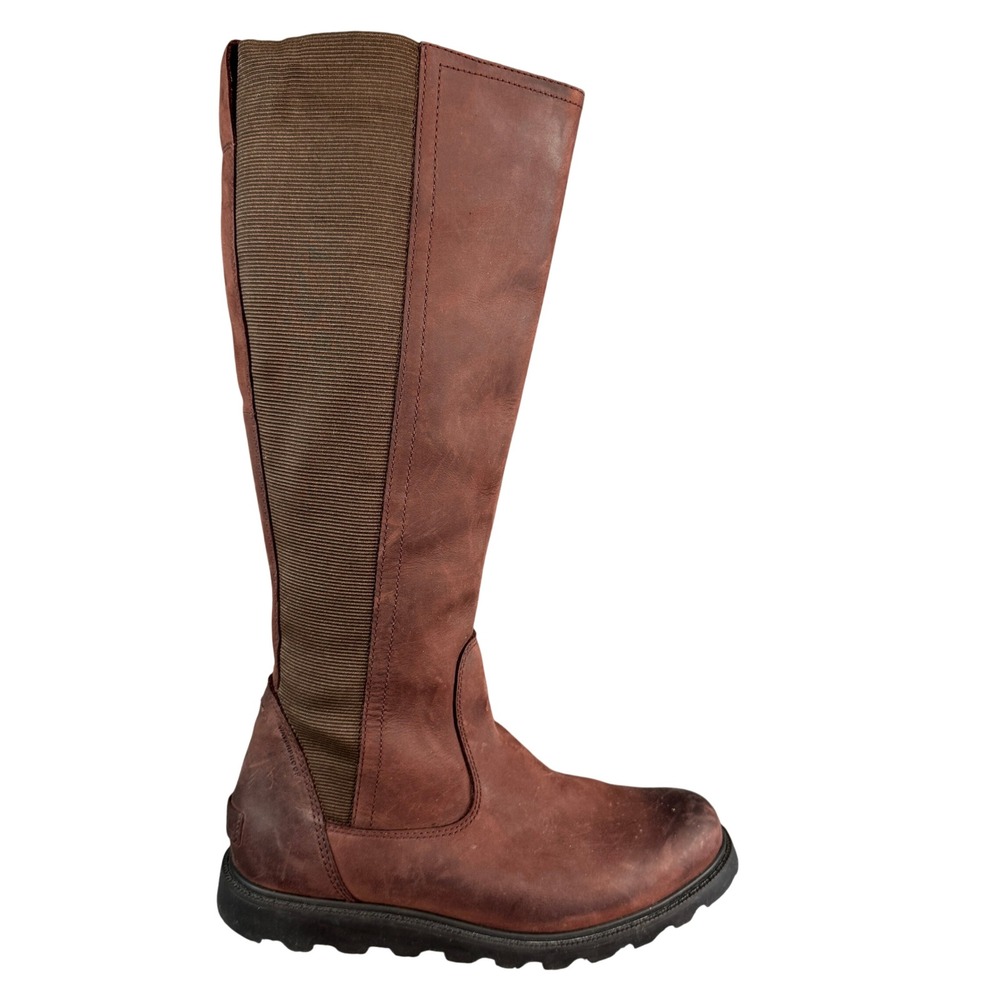 Sorel Brown Leather Tall Knee High Boots Ribbed Elastic Back Lug Sole Womens 7.5